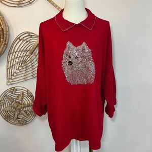 Vintage Rhinestone Pomeranian Style Dog Sweater USA Novelty Animal Red 3X